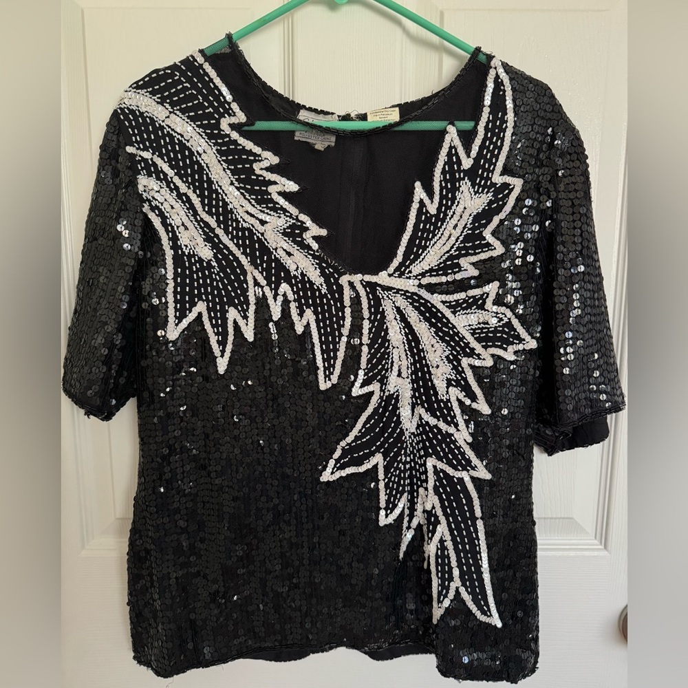 Vintage Stenay. 100% Silk beaded and sequin top with mesh at neck. Size Large.